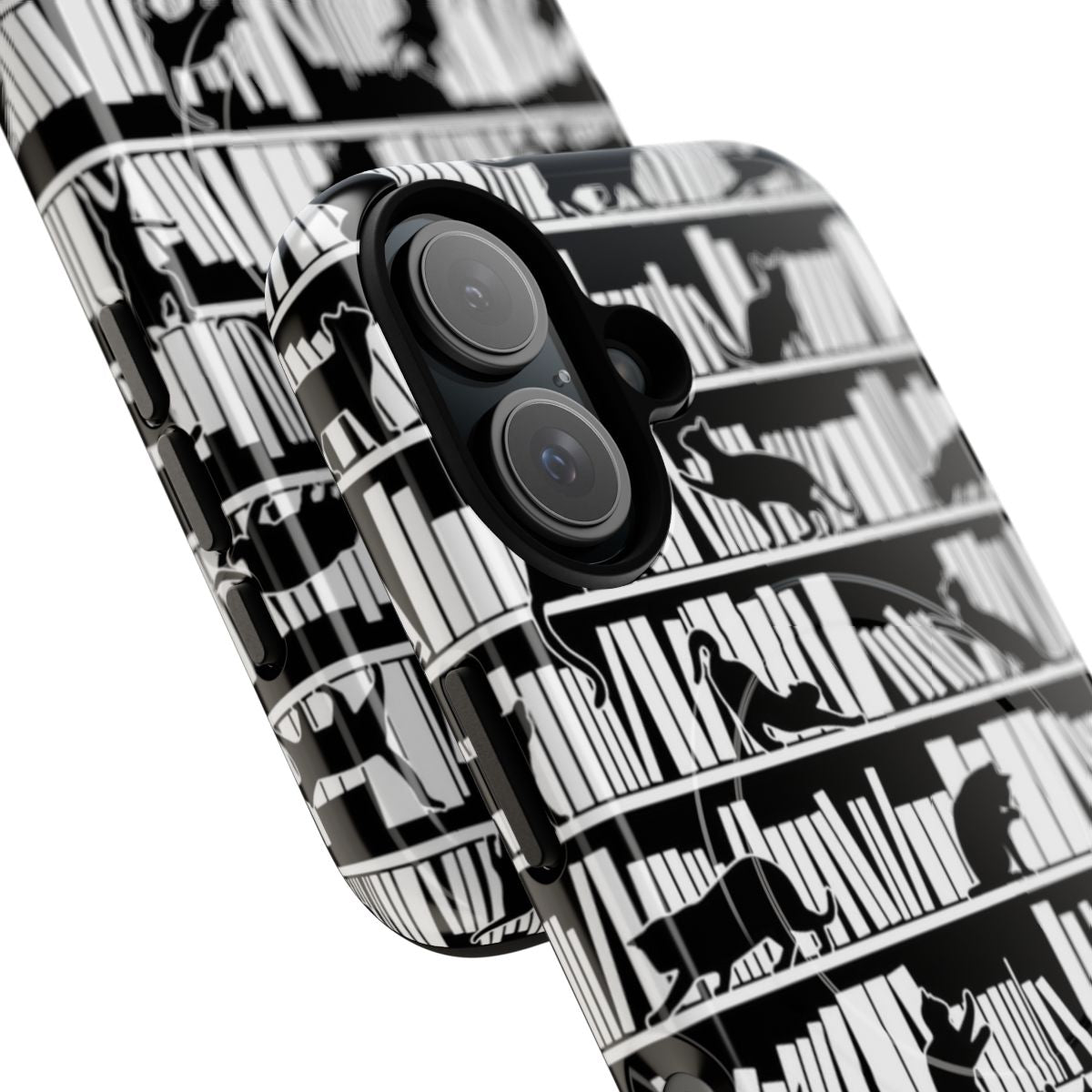 A magnetic phone case featuring a pattern of books and cats for book and cat lovers. - Detail