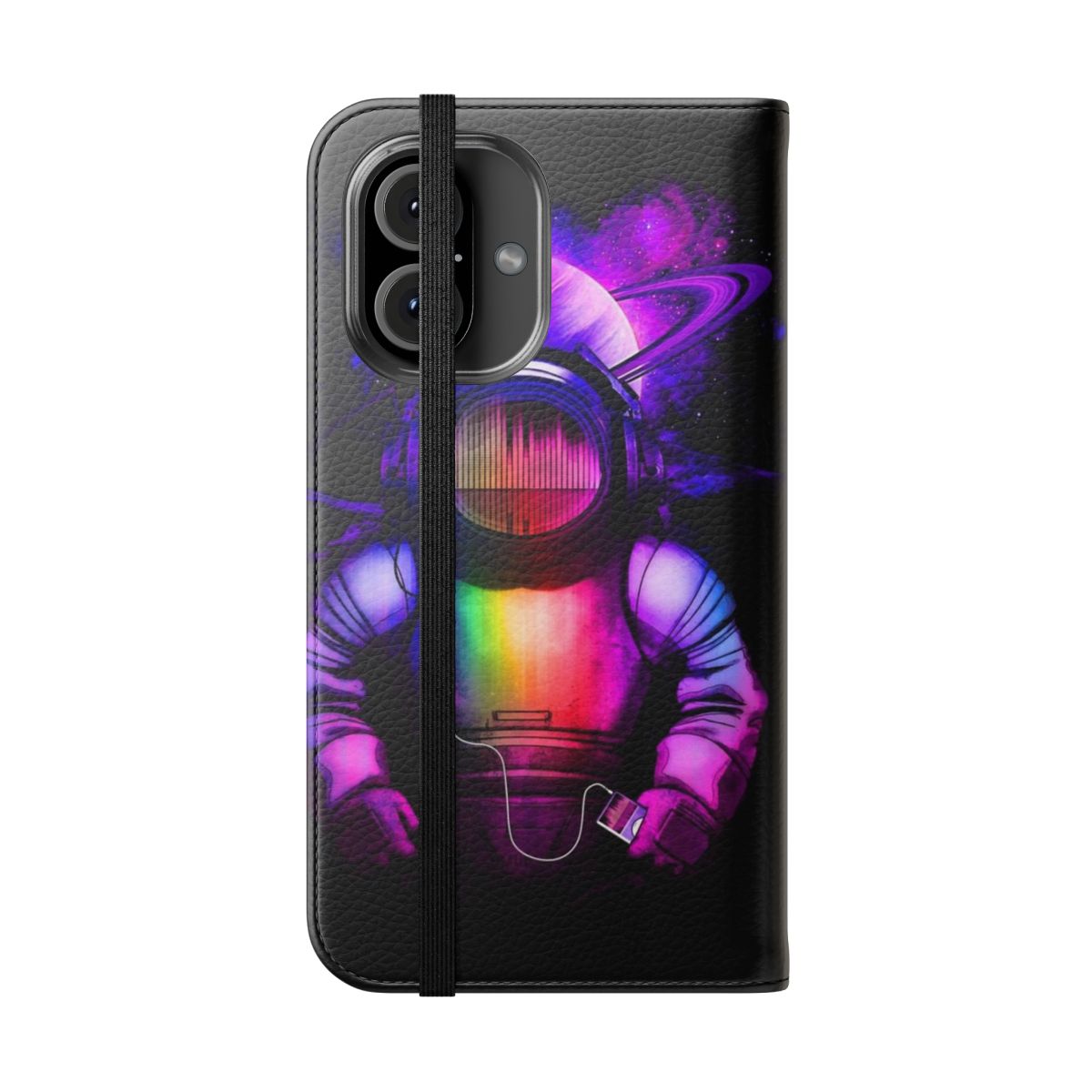 Flip cover phone case featuring a space and astronaut design with headphones and music notes. - Folded Front