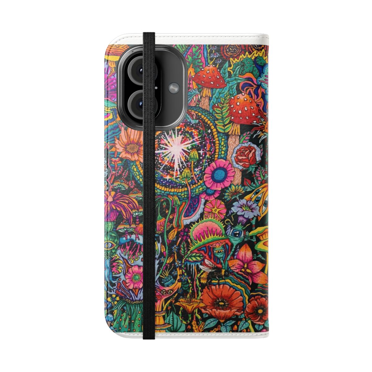 Colorful, trippy, and psychedelic phone case with a magical garden design featuring snakes and mushrooms. - Folded Front