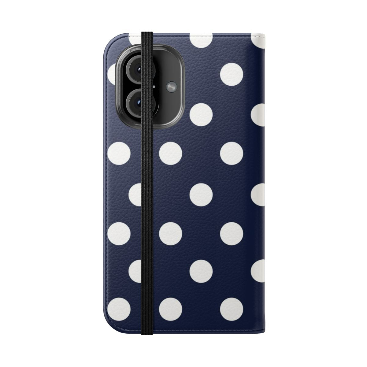 Navy blue and white large polka dot pattern on a minimalist flip phone case - Folded Front