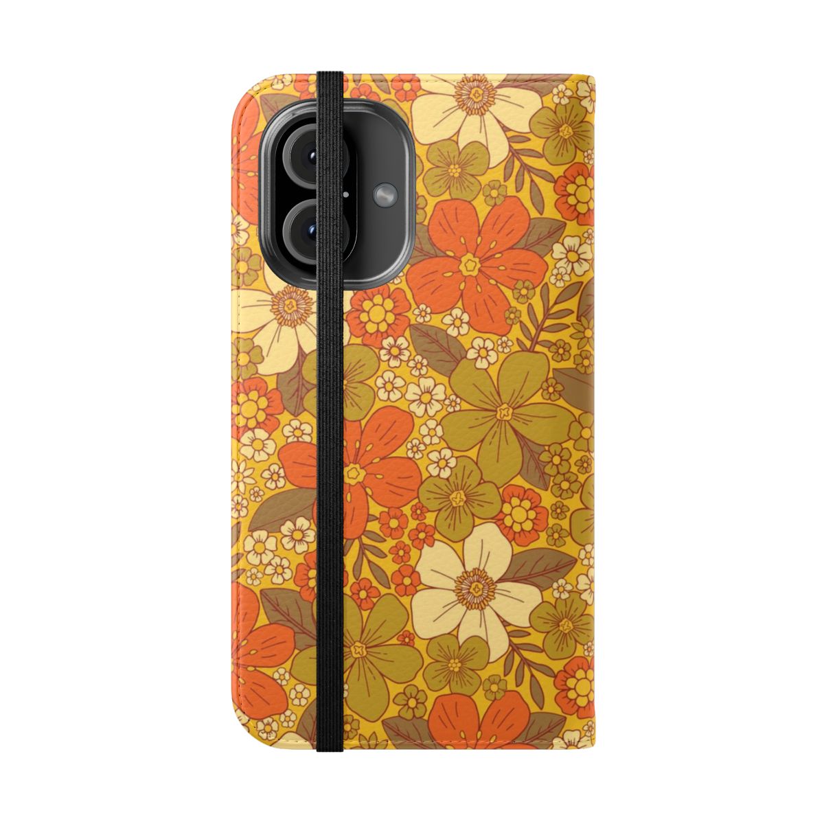 Vintage-inspired orange and olive green floral design phone case - Folded Front