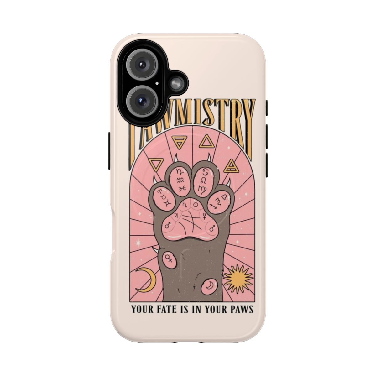 Close-up of cat paws on a magnetic phone case with palm reading and zodiac design