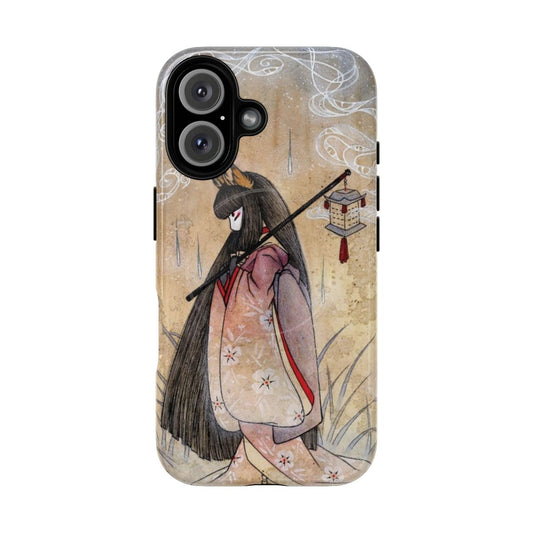 Vibrant watercolor illustration of a kitsune or Japanese fox spirit on a protective magnetic phone case.