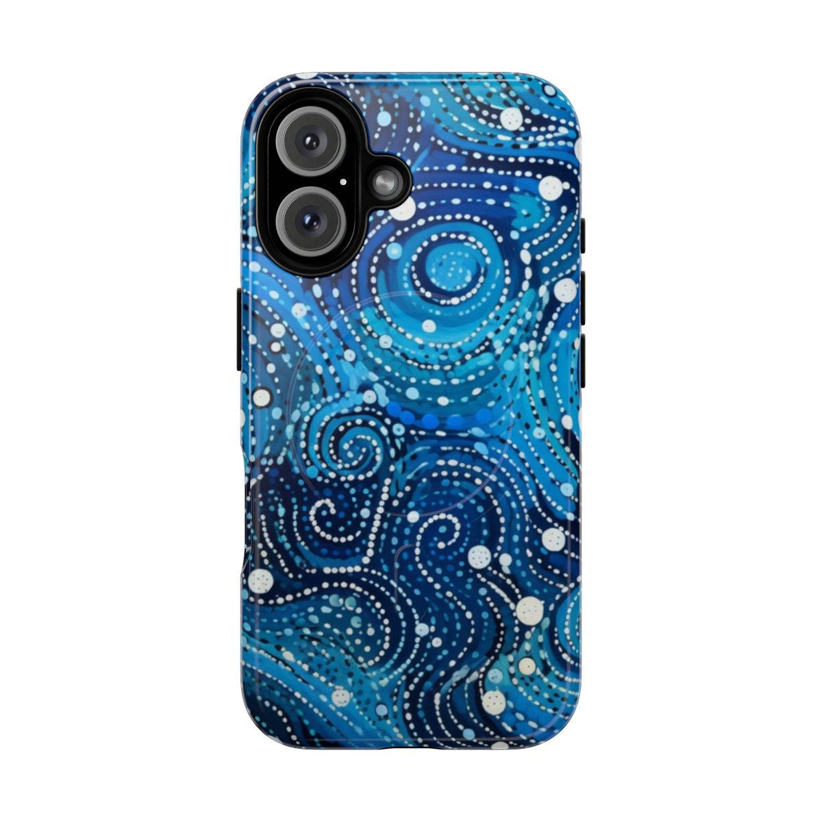 Vibrant water vortex design on a durable phone case, inspired by Australian Aboriginal art