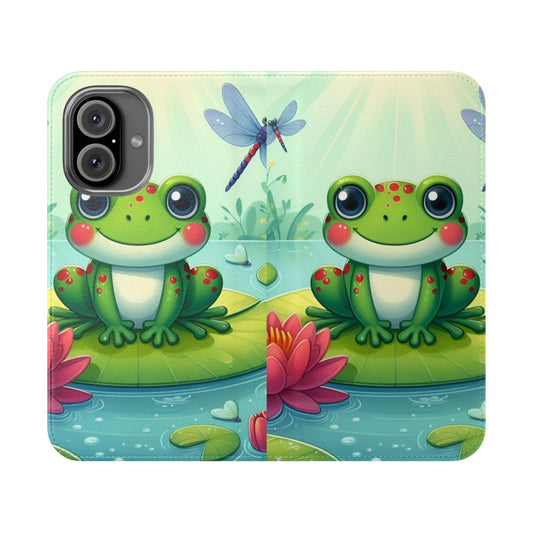 Whimsical frog-themed flip phone case with a ghibli-inspired design