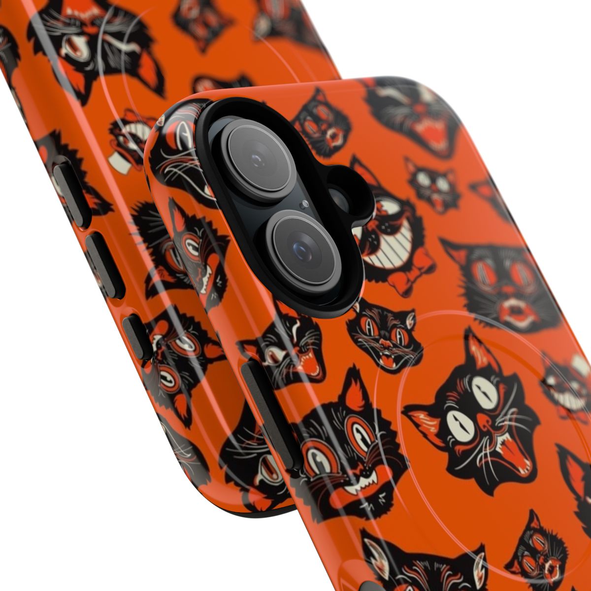 Vintage style Halloween black cat faces pattern on an orange background tough phone case - Detail