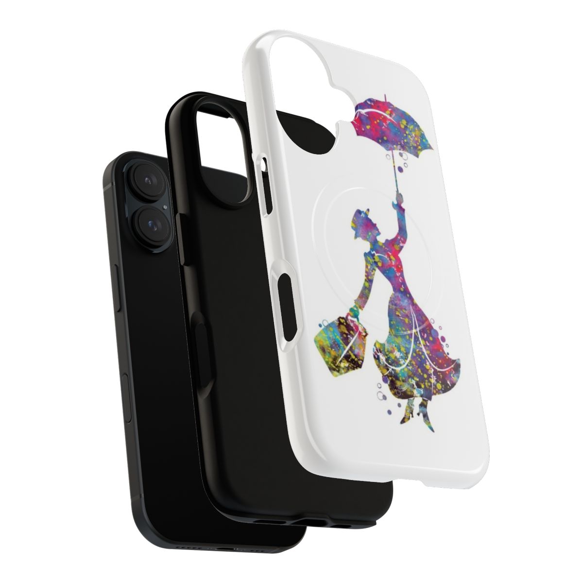 Colorful watercolor silhouette of Mary Poppins on a pink and purple phone case - Layers