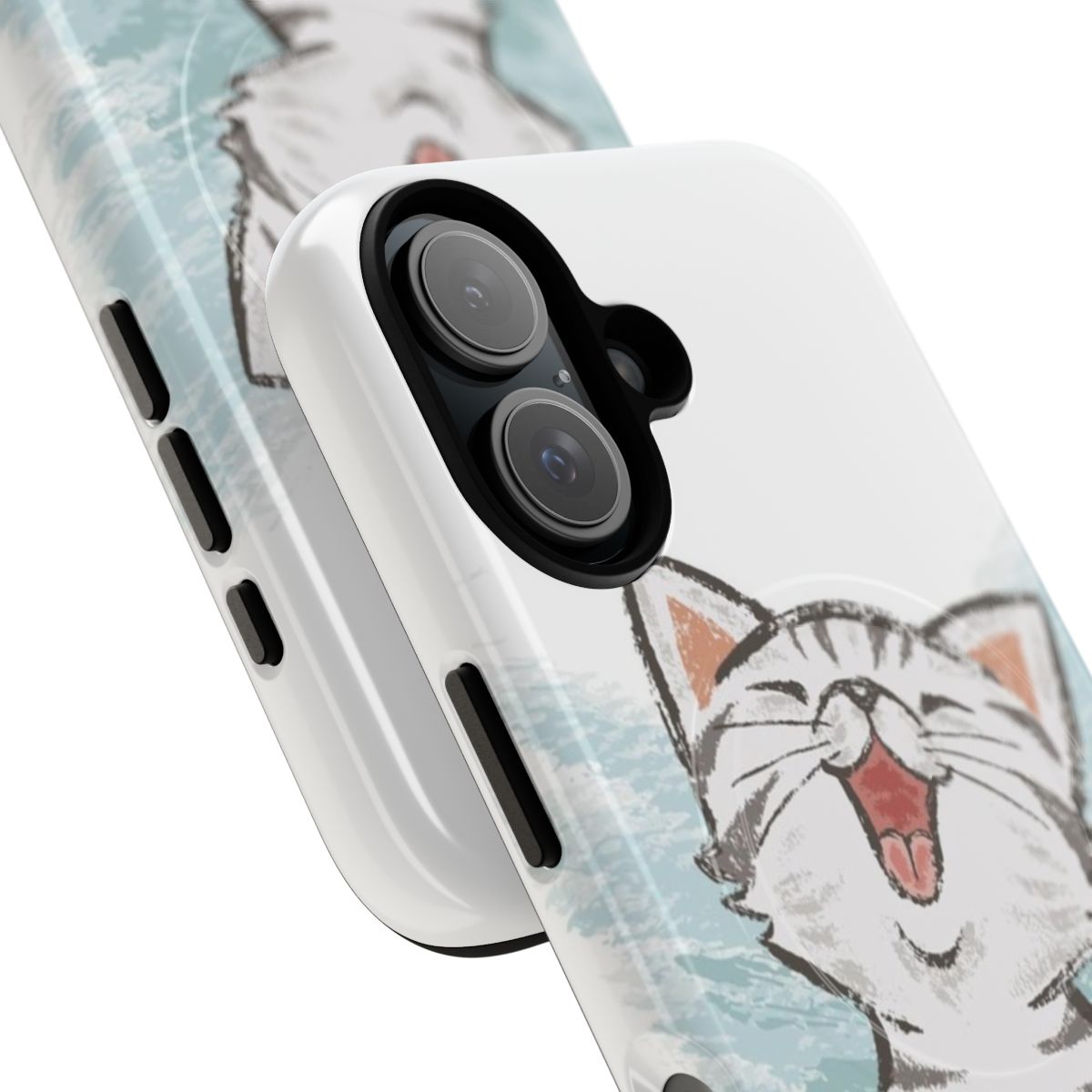 Cute cartoon illustration of an American Shorthair cat on a phone case - Detail