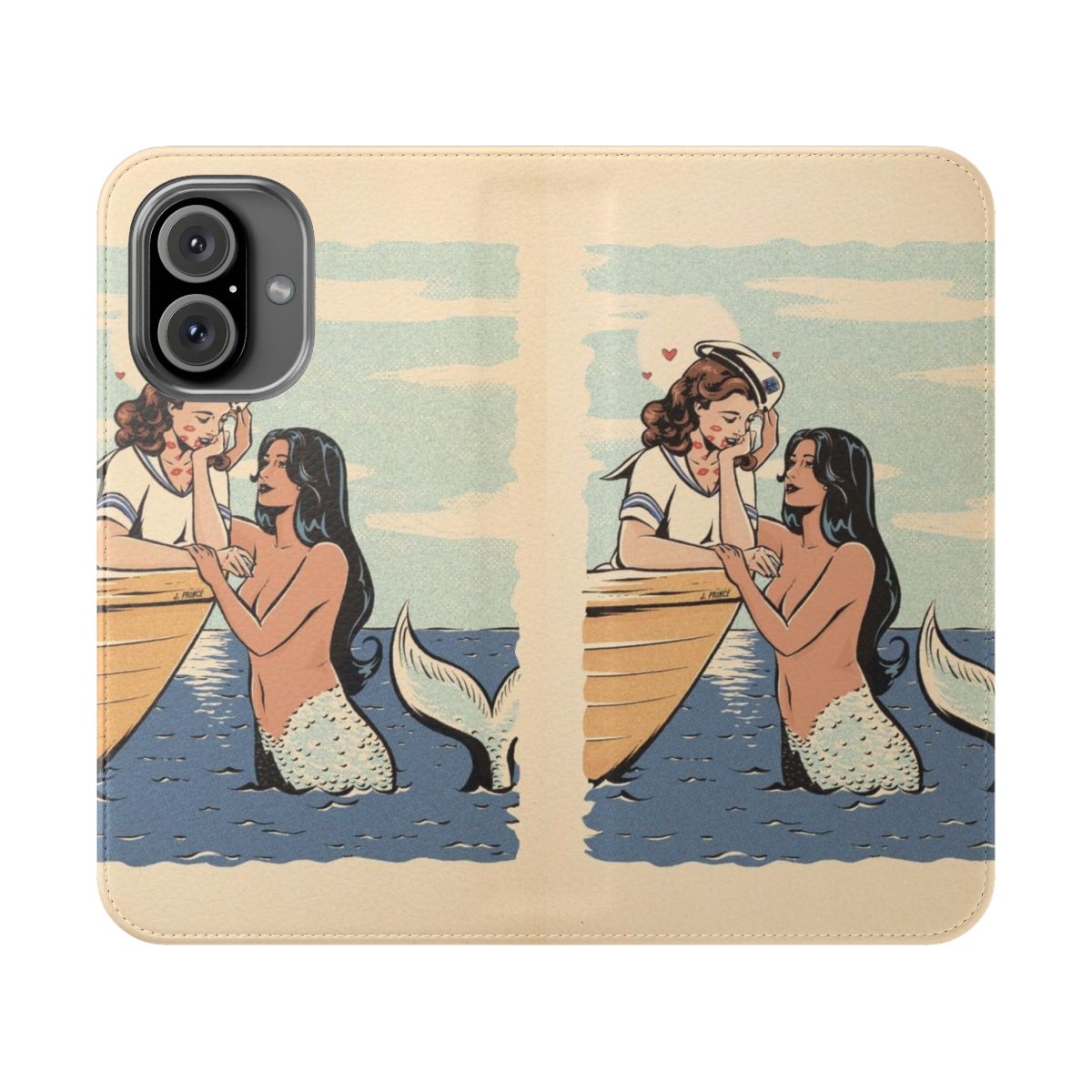 Vintage-style phone case featuring a mermaid design with sapphic art and LGBTQ pride elements.