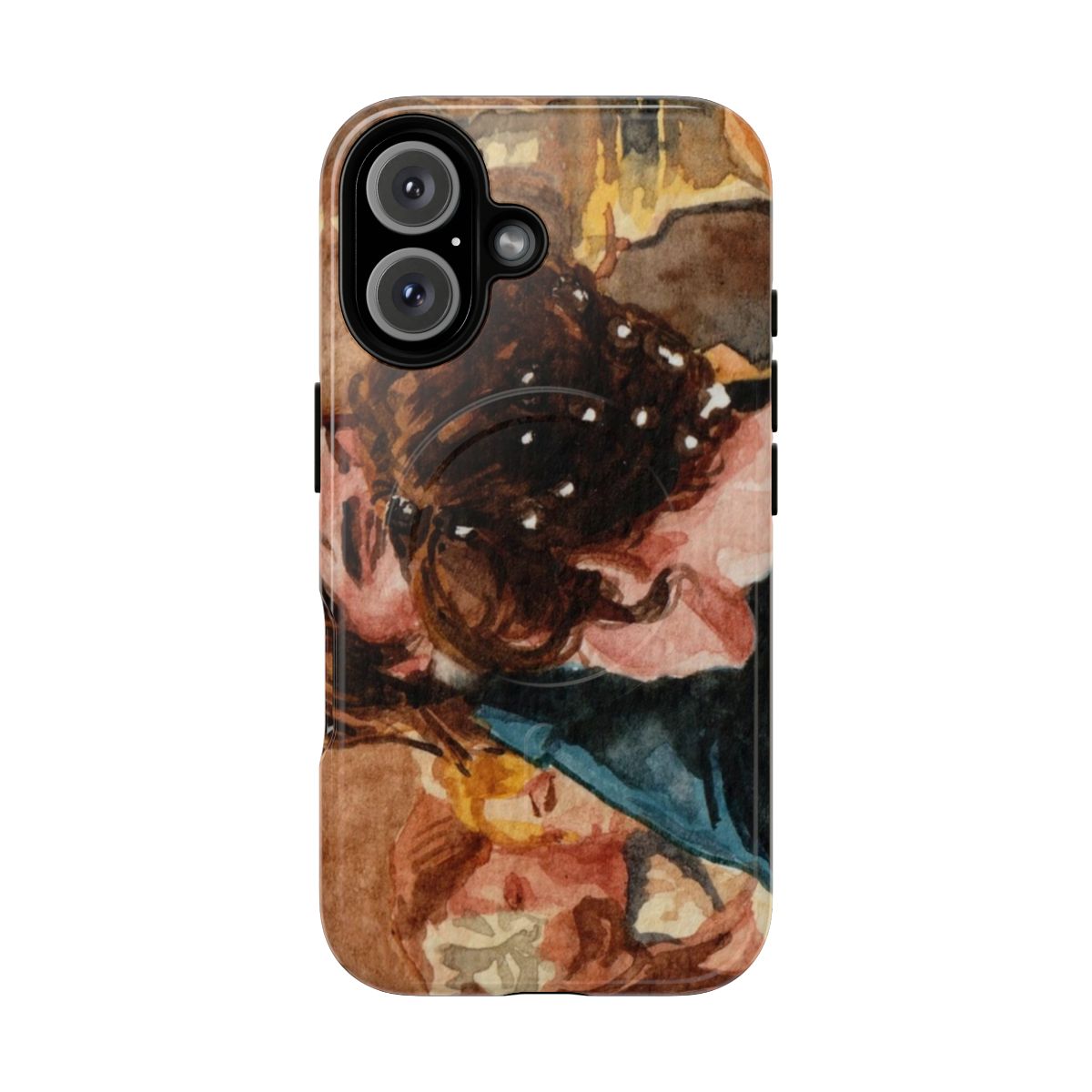 Vibrant watercolor illustration of Pride and Prejudice characters on a durable, magnetic phone case.