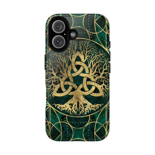 Artistic tree of life design with triquetra and gold accents on a protective phone case