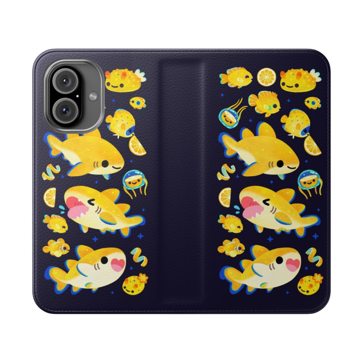 Lemon shark and friends design on a dark-colored phone case