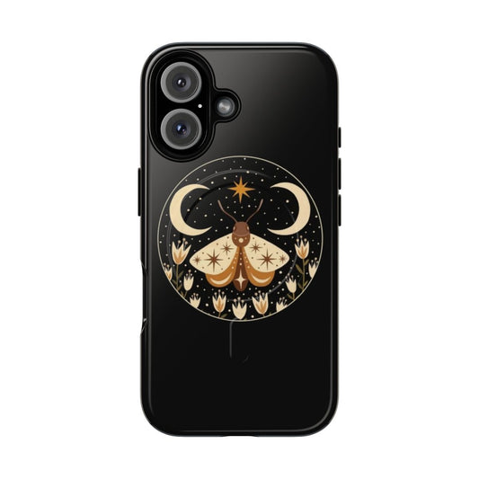 Magnetic phone case featuring a mystical design with moths, butterflies, plants, and a crescent moon