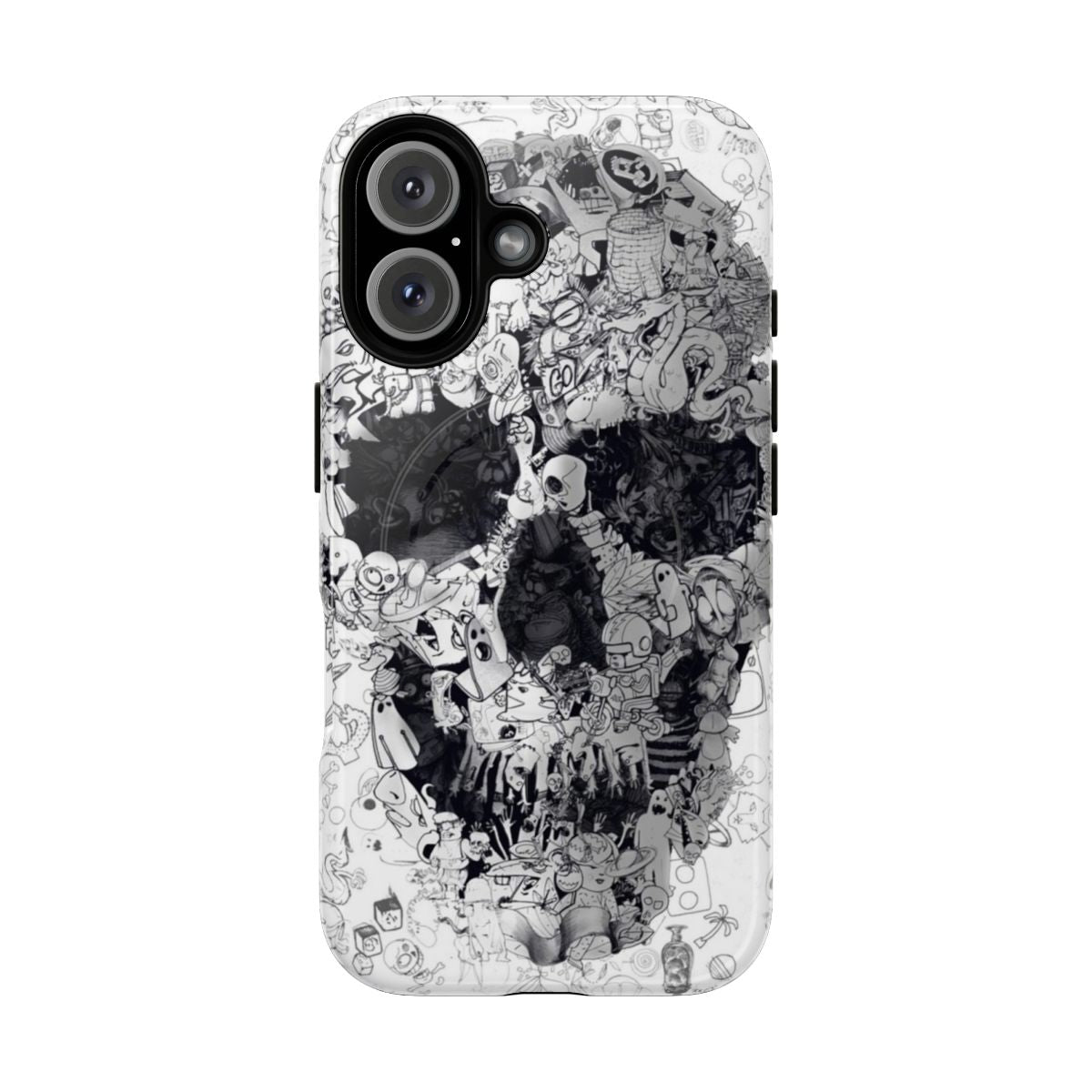 Doodle skull design on a black and white phone case with a magnetic closure