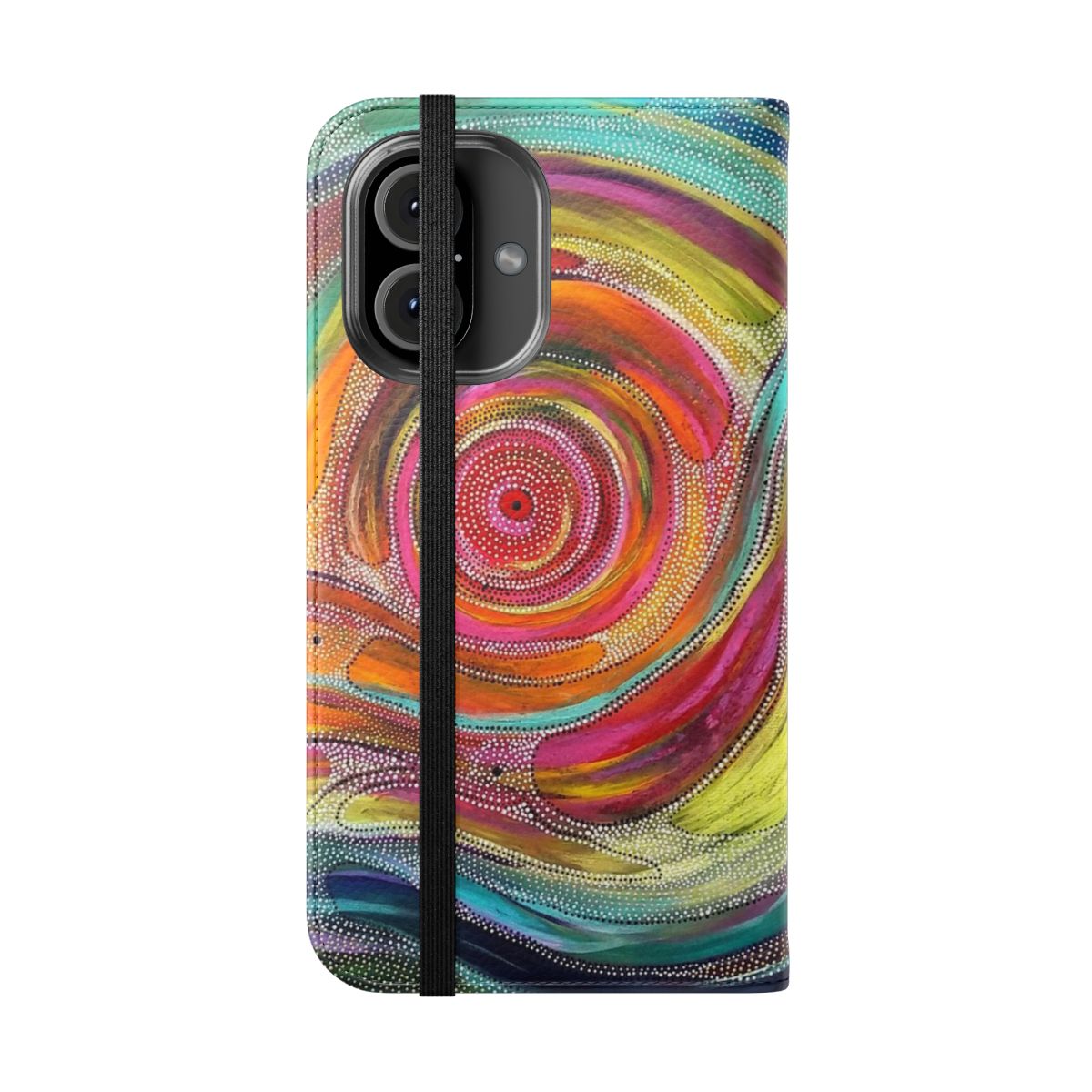 Vibrant abstract painting with Aboriginal-inspired mandala design on a flip phone case - Folded Front