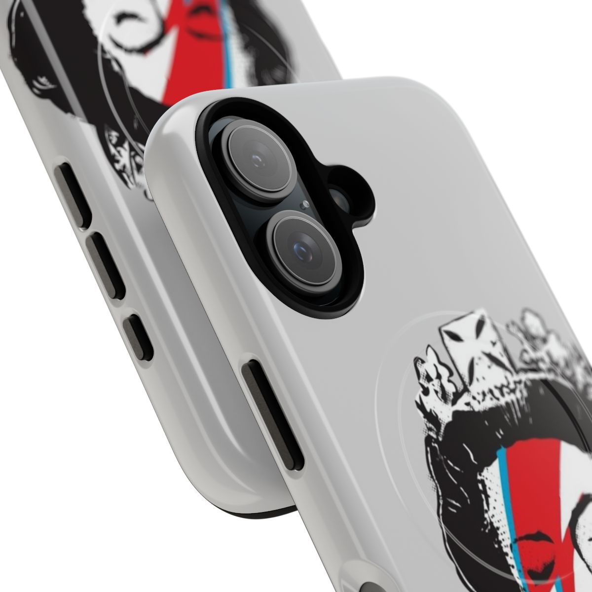 Banksy-inspired phone case featuring a black and white pop art design of Queen Elizabeth - Detail