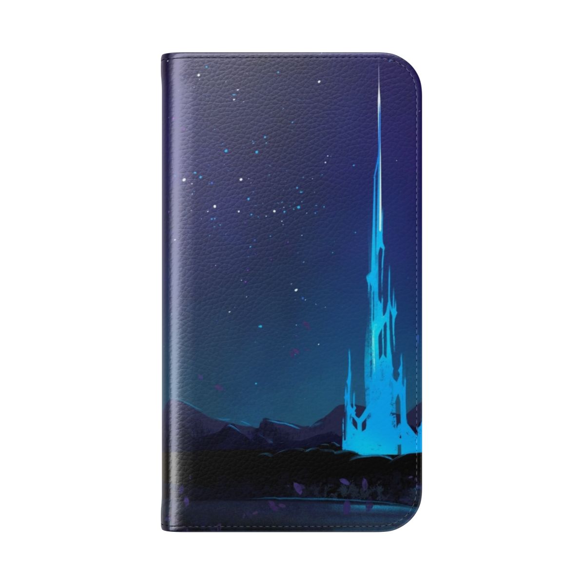 A flip phone case featuring a beautiful night sky and fantasy landscape design, inspired by the video game Final Fantasy XIV. - Folded Back