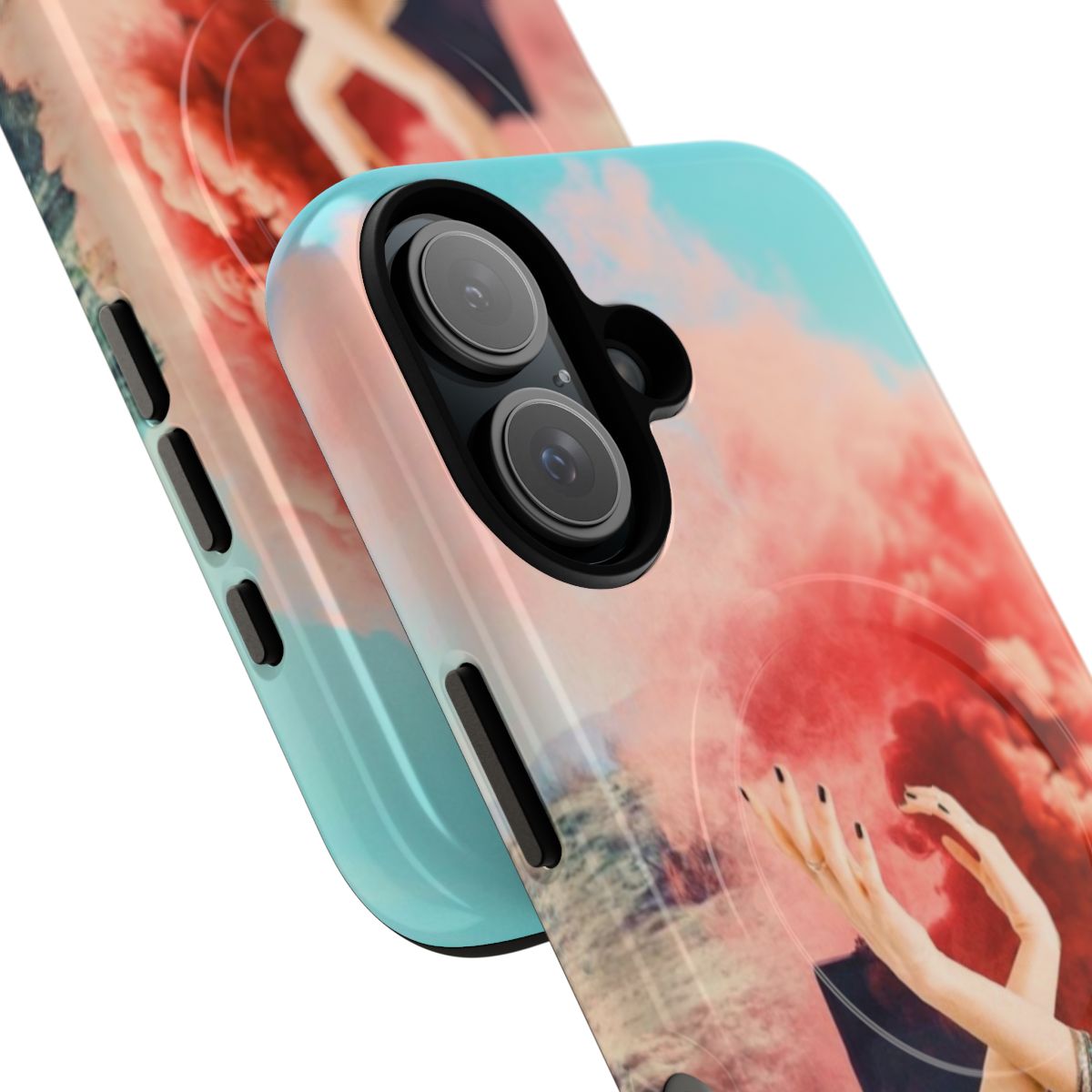 Adventurous magnetic tough phone case featuring surreal, collage-style art with bohemian, wanderlust-inspired design - Detail