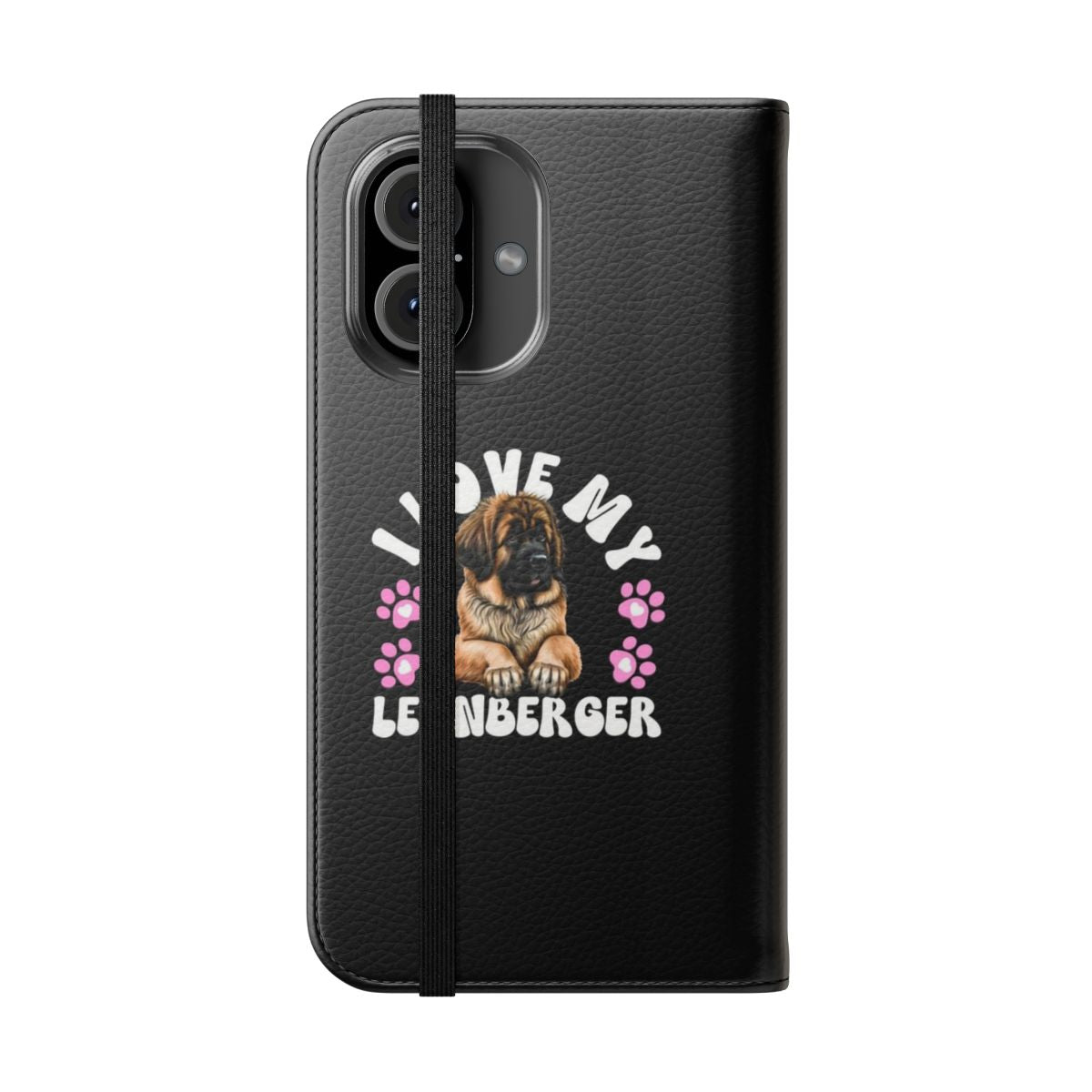 Flip cover phone case with a playful Leonberger dog design - Folded Front