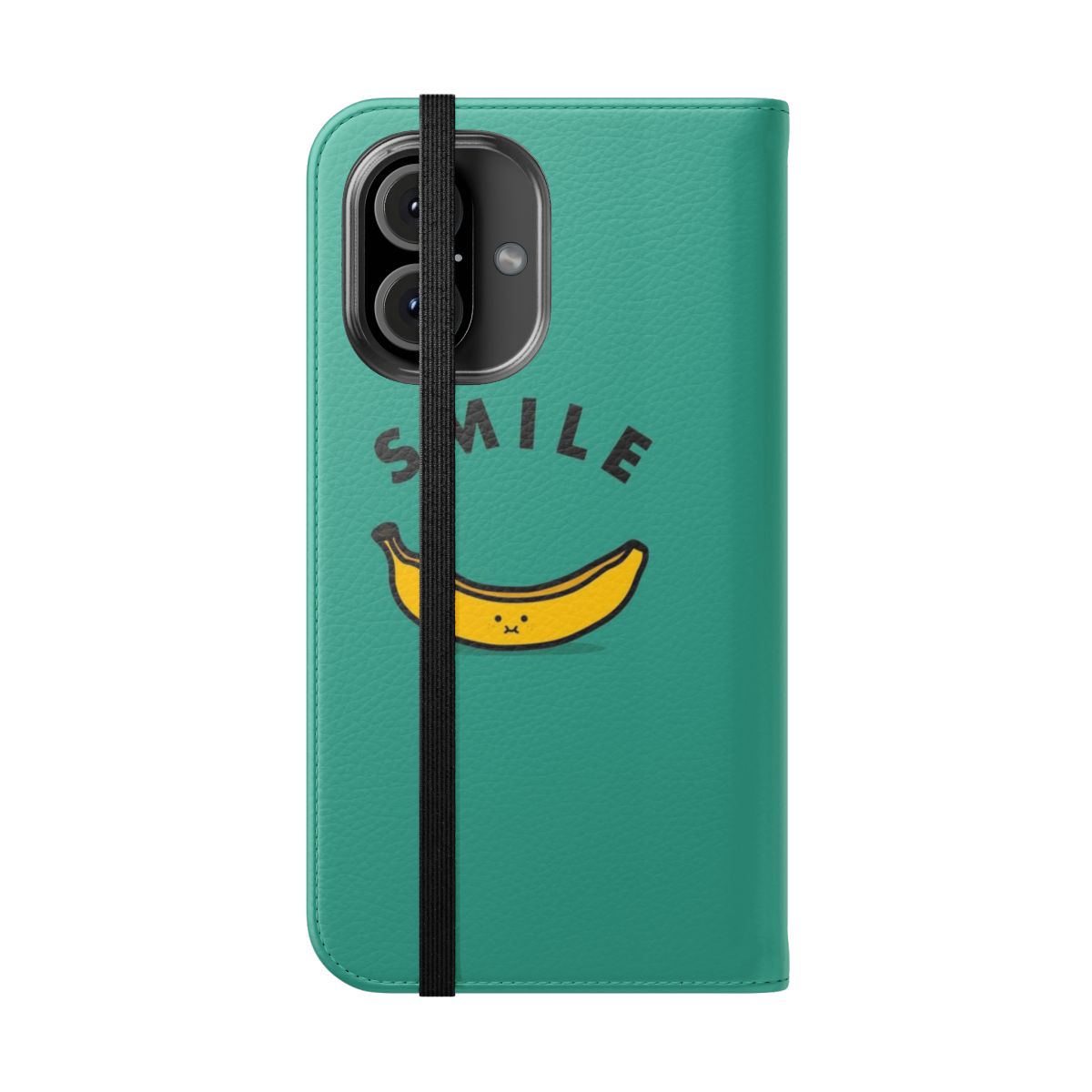 Banana themed flip cover phone case with a smiling fruit design - Folded Front