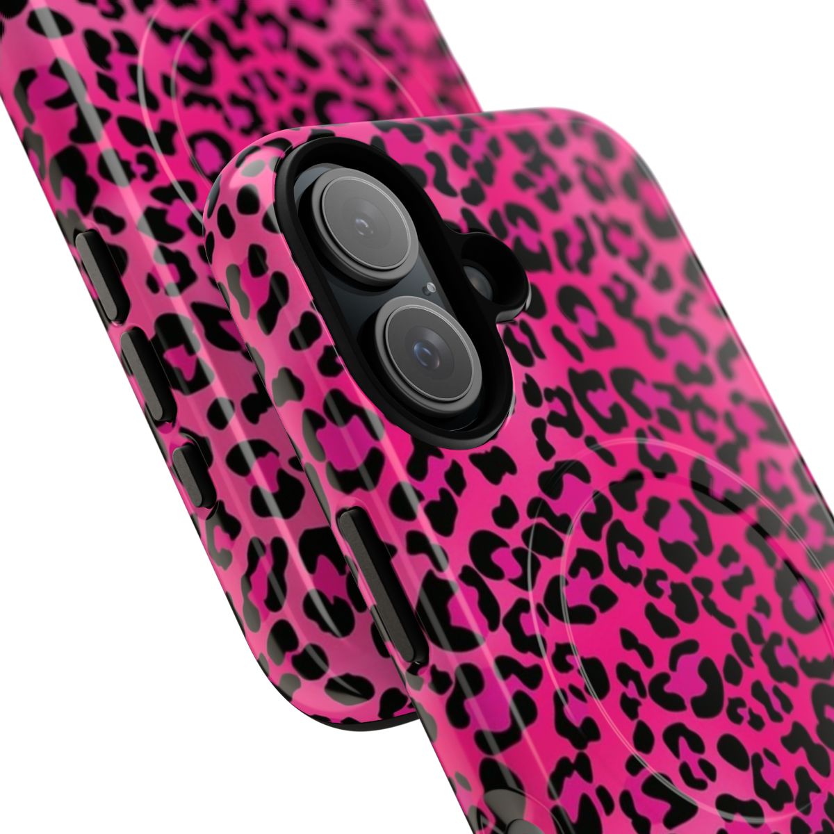 Vibrant pink leopard print phone case with magnetic closure and durable construction - Detail