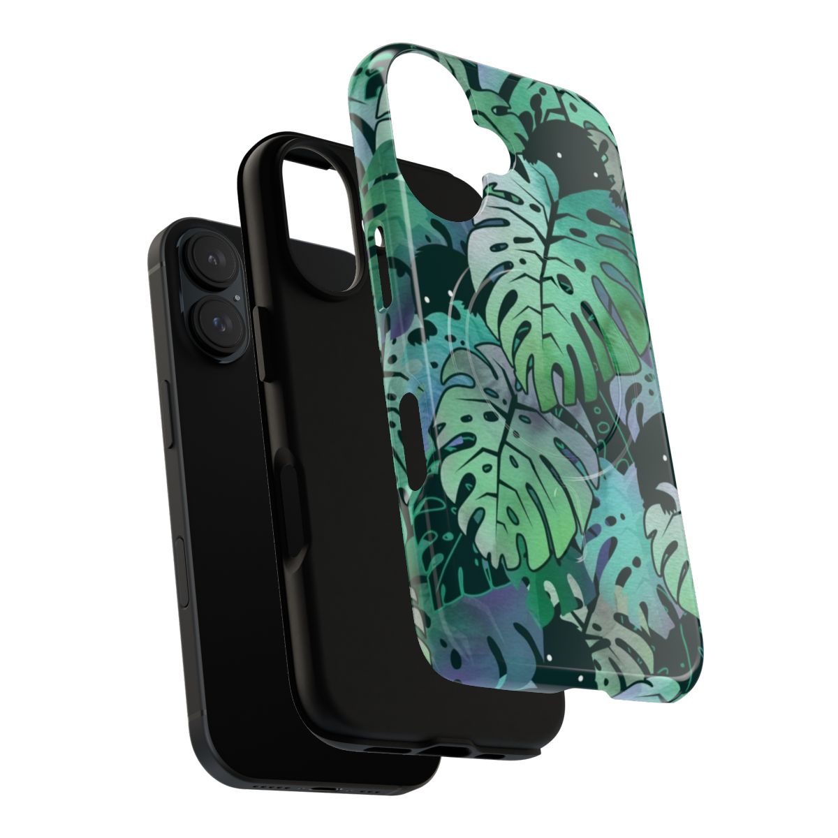 Colorful tropical monstera leaves phone case with fantasy monster design - Layers