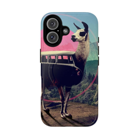 Llama-themed phone case with a colorful, graphic collage design