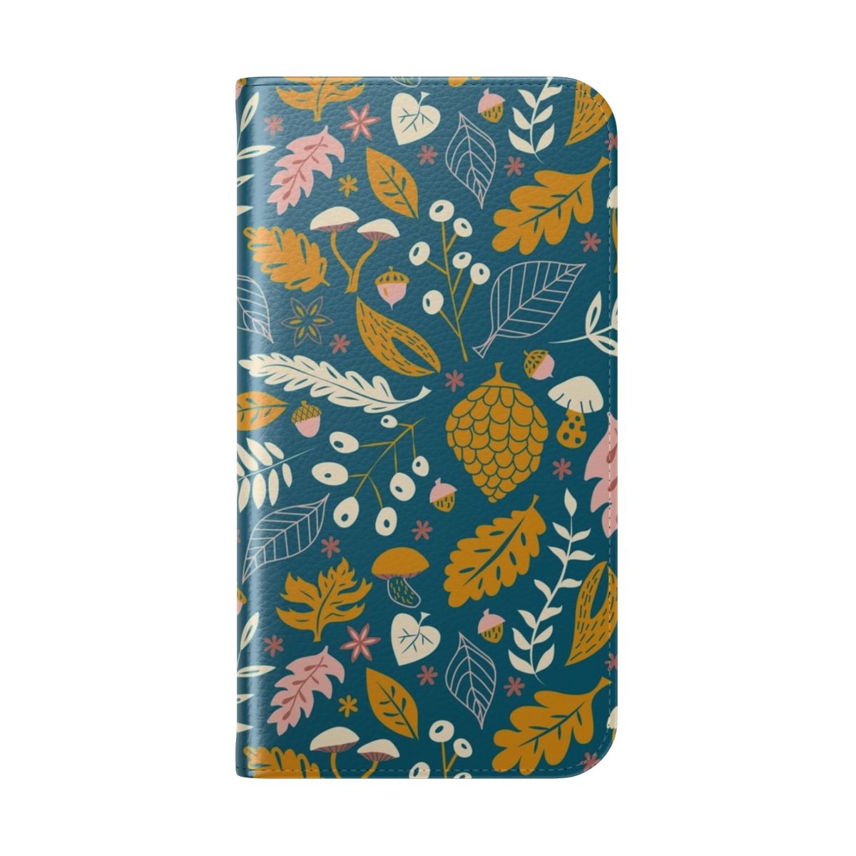 Closeup of a flip cover phone case with a fall foliage design in gold and blue colors. - Folded Back