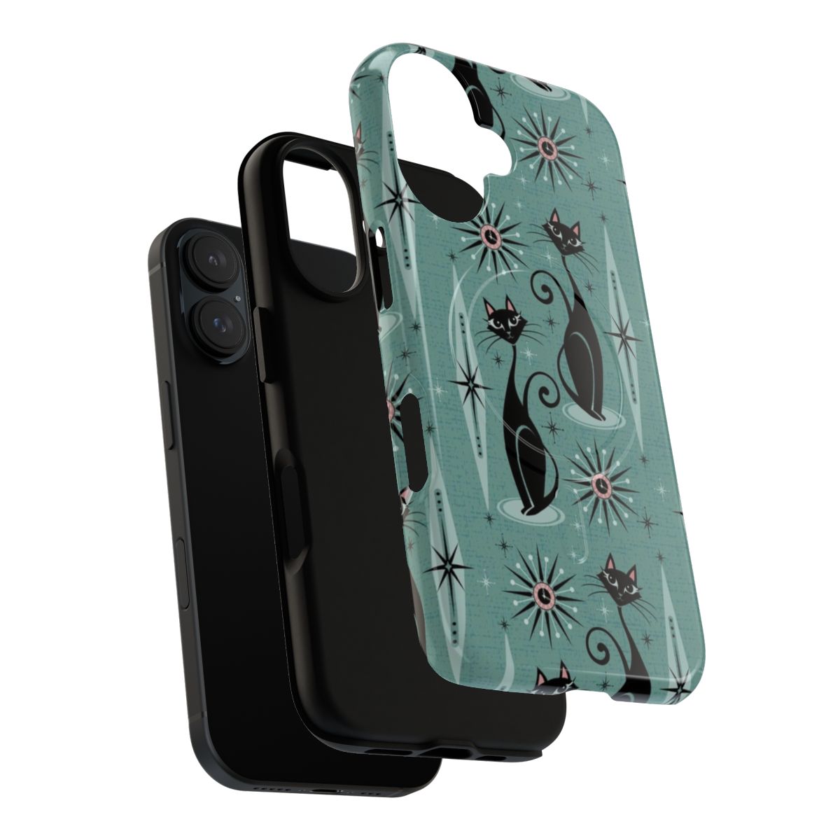 A phone case featuring a mid century modern design with black cats and atomic starburst patterns. - Layers