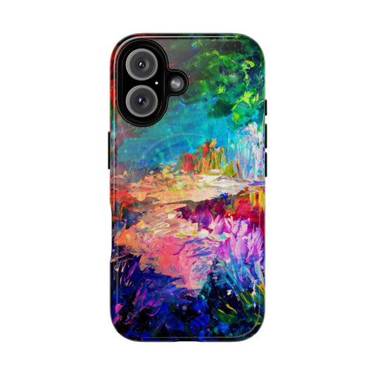 Vibrant abstract painting depicting a whimsical fantasy landscape with a colorful rainbow, forest, and stars in the night sky.