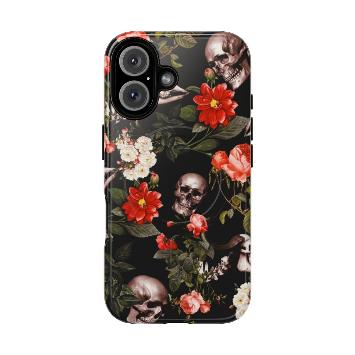 Dark phone case with a skull and floral pattern design