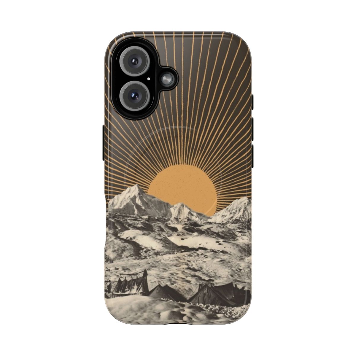 A collage-style design featuring a mountainscape with the sun setting or rising, in black, white, and gold tones.