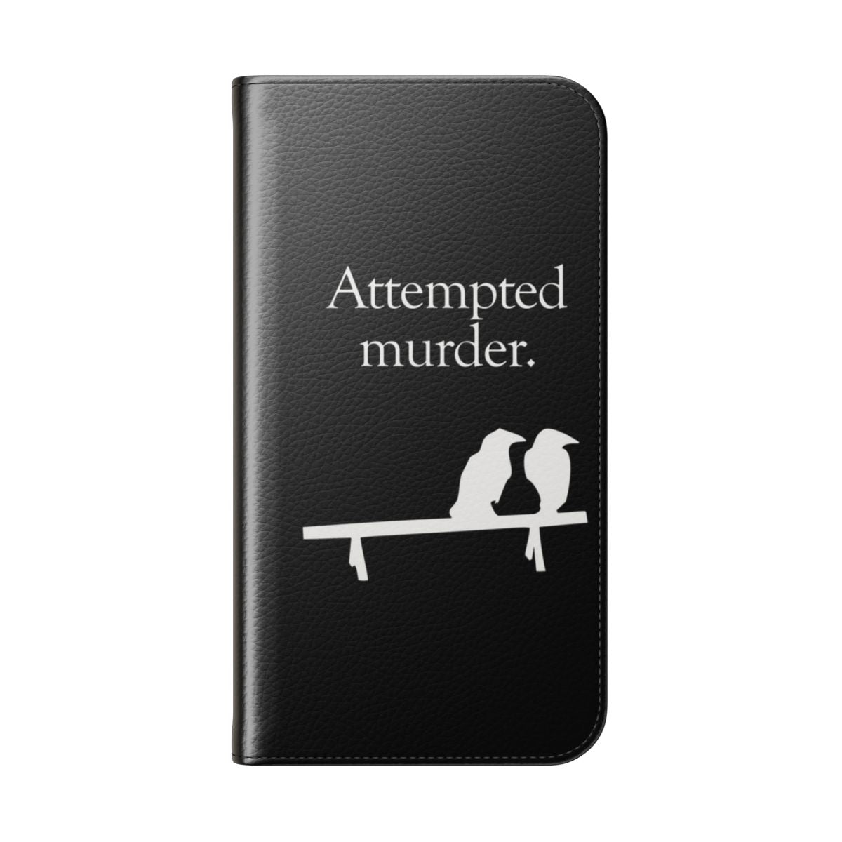 White flip phone case with a "Attempted Murder" design featuring crows - Folded Back