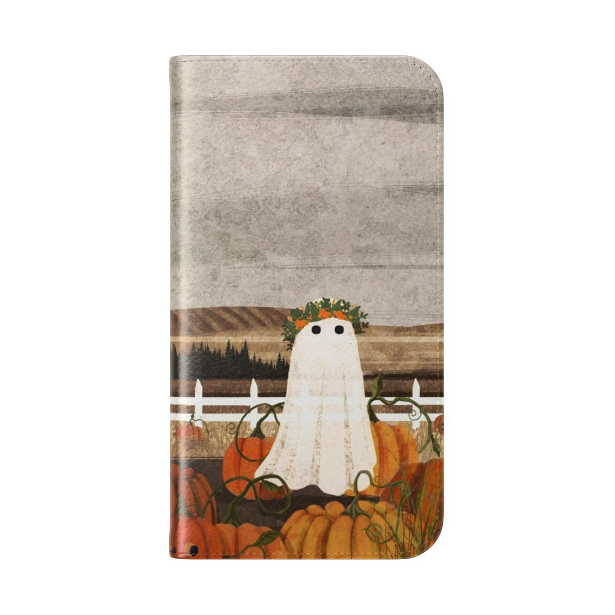 Flip cover phone case with a vintage style illustration of a haunted pumpkin patch scene - Folded Back