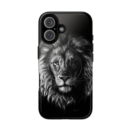 A magnetic tough phone case featuring a portrait illustration of a majestic lion.