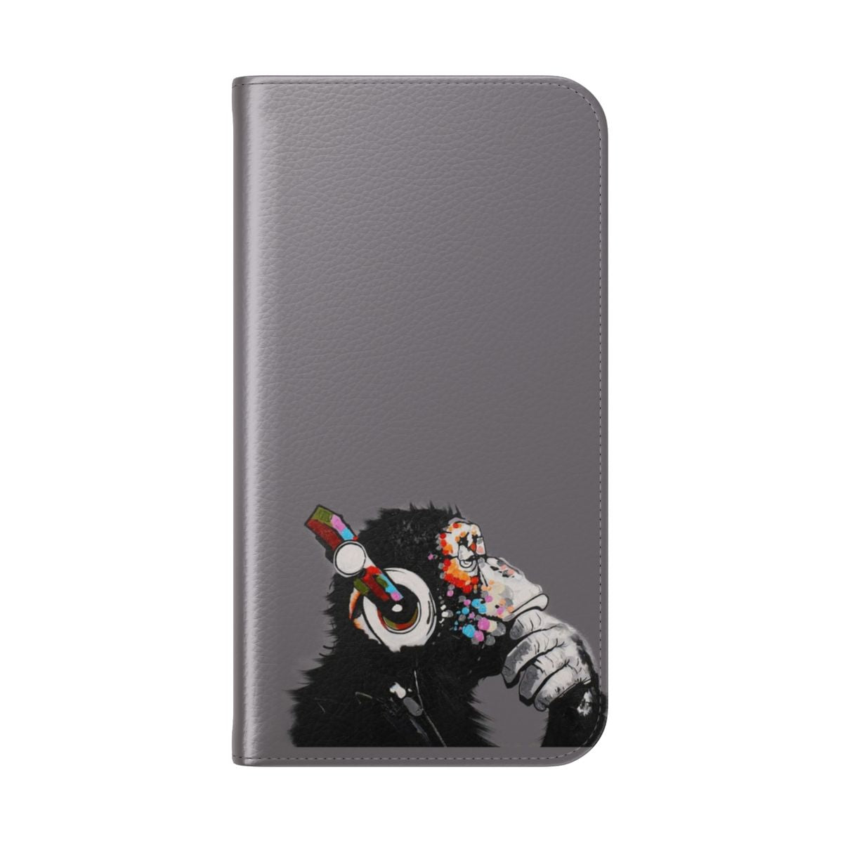 Vibrant phone case featuring a chimpanzee in a "thinker" pose, inspired by the artwork of Banksy. - Folded Back