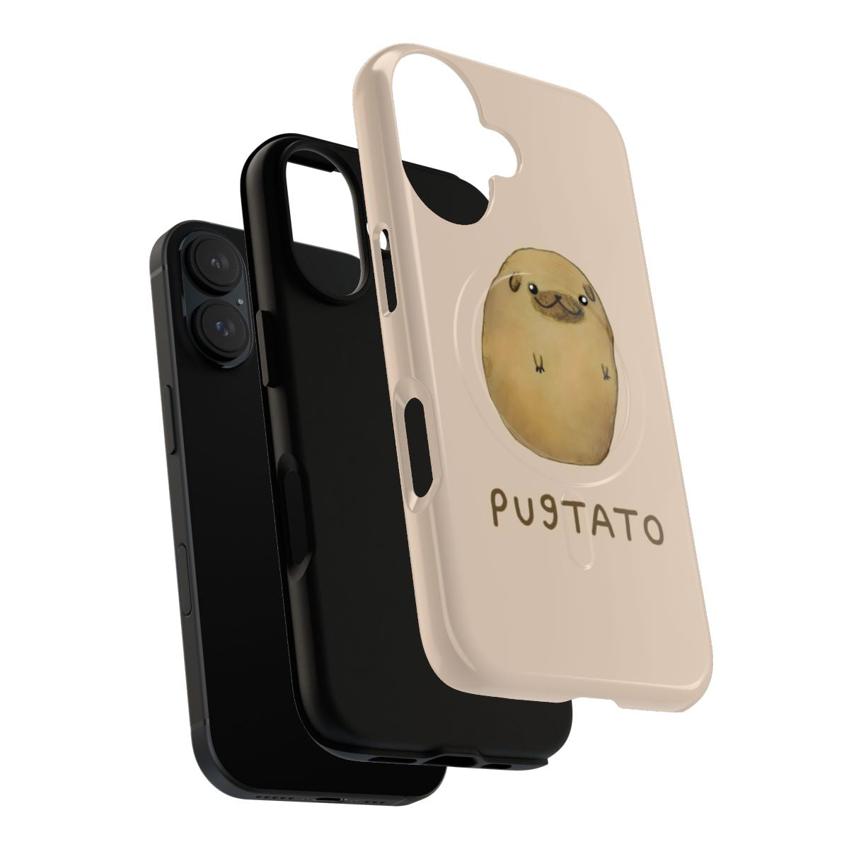 A phone case featuring a cute pug-potato hybrid design - Layers