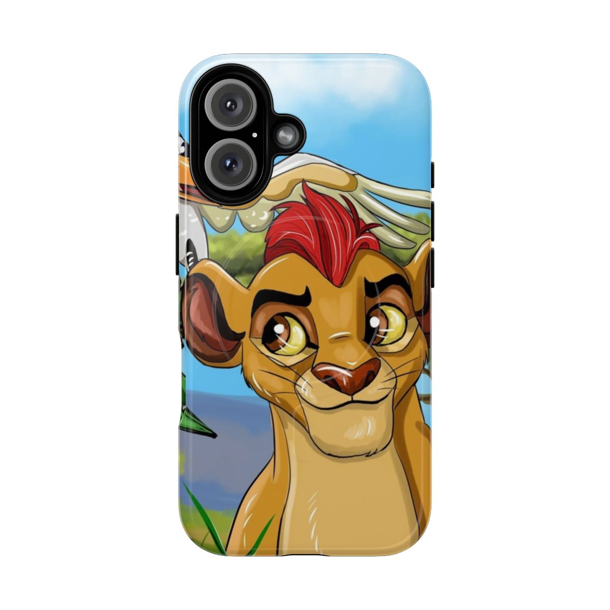 Colorful illustration of a smiling cartoon lion on a durable phone case