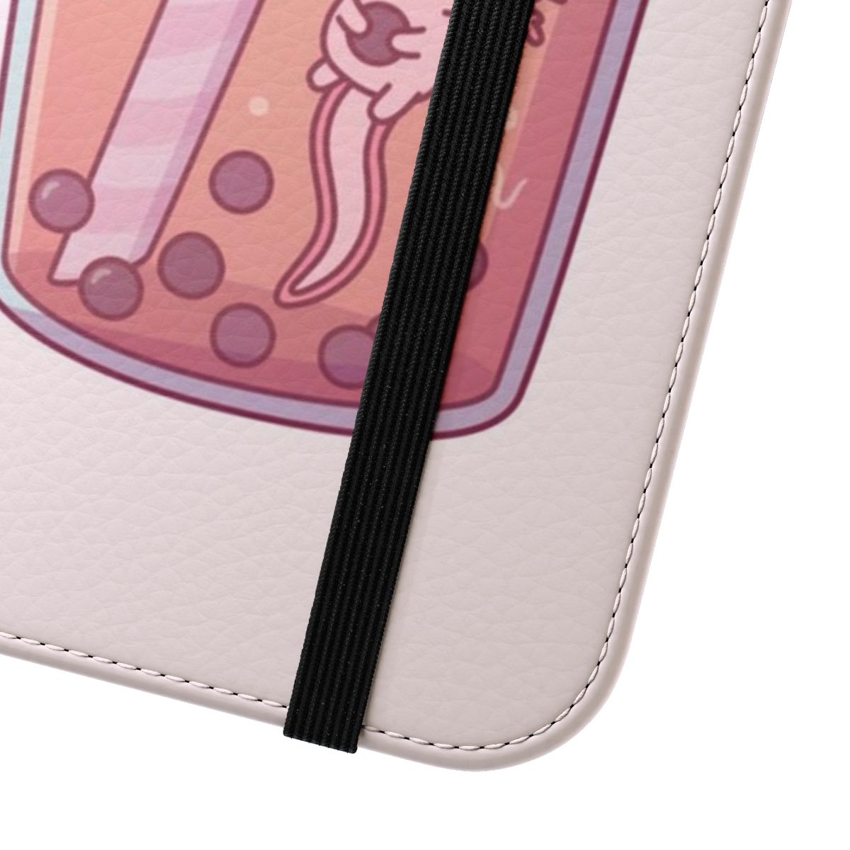 A vibrant and whimsical phone case featuring a cute axolotl swimming in a bubble tea drink. - Close Up