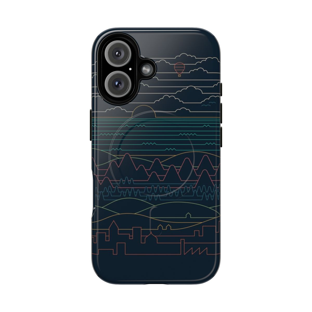 Minimalist phone case with a linear landscape design featuring mountains, clouds, and ocean scenes in a geometric, pastel-colored aesthetic.