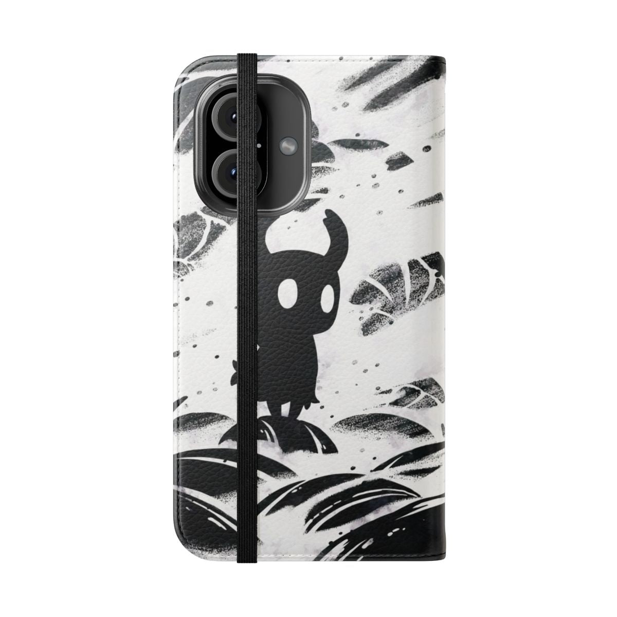 Black and white flip cover phone case featuring Hollow Knight game art and characters - Folded Front