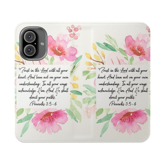 Flip cover phone case featuring the Bible verse "Trust in the Lord with all your heart" from Proverbs 3:5-6.