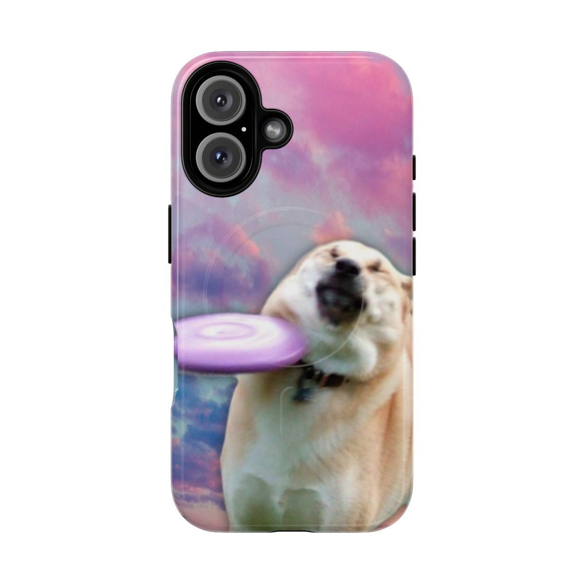 Frisbee dog-themed phone case with a dank meme and vaporwave-inspired aesthetic