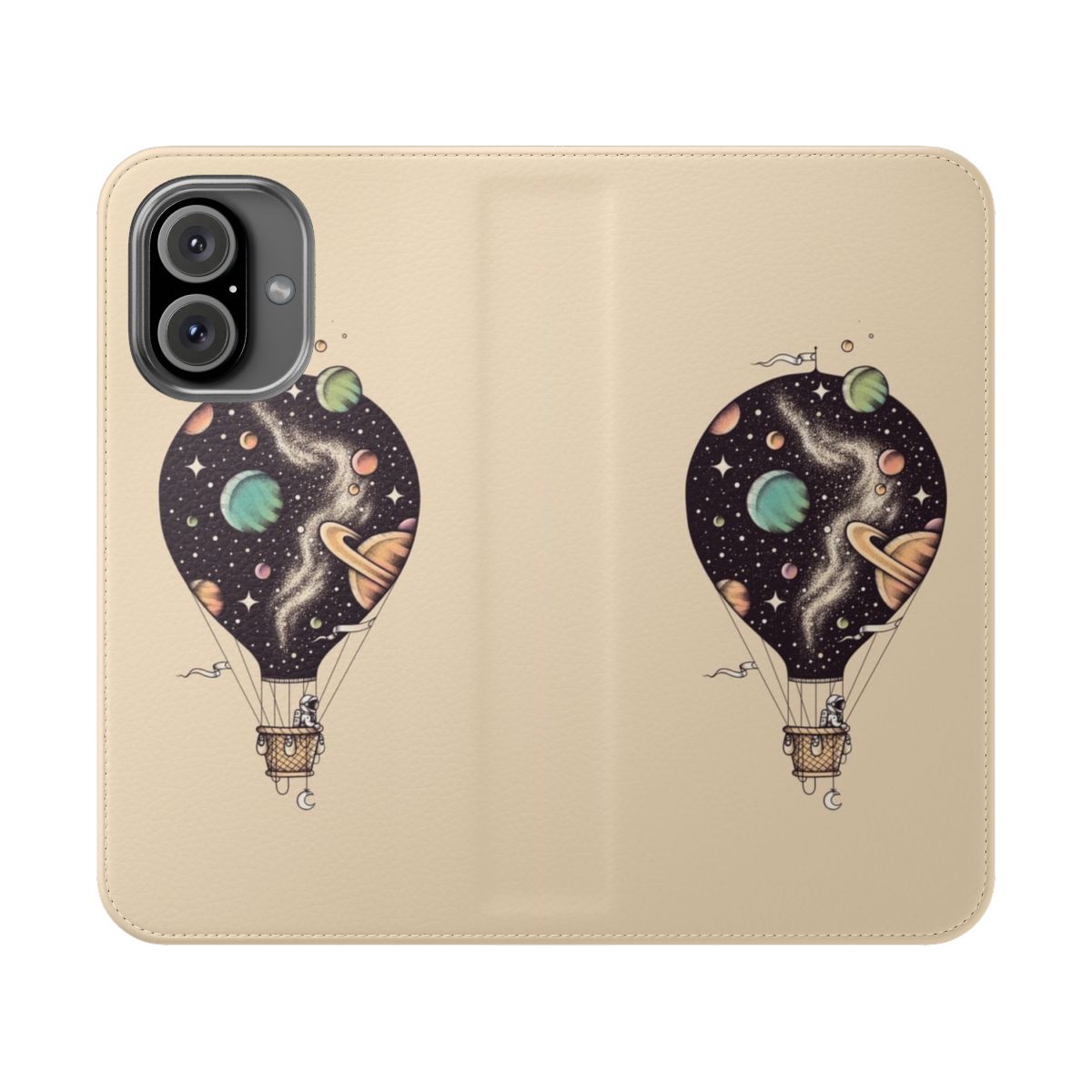 Interstellar journey galaxy phone case with astronauts, planets, and stars