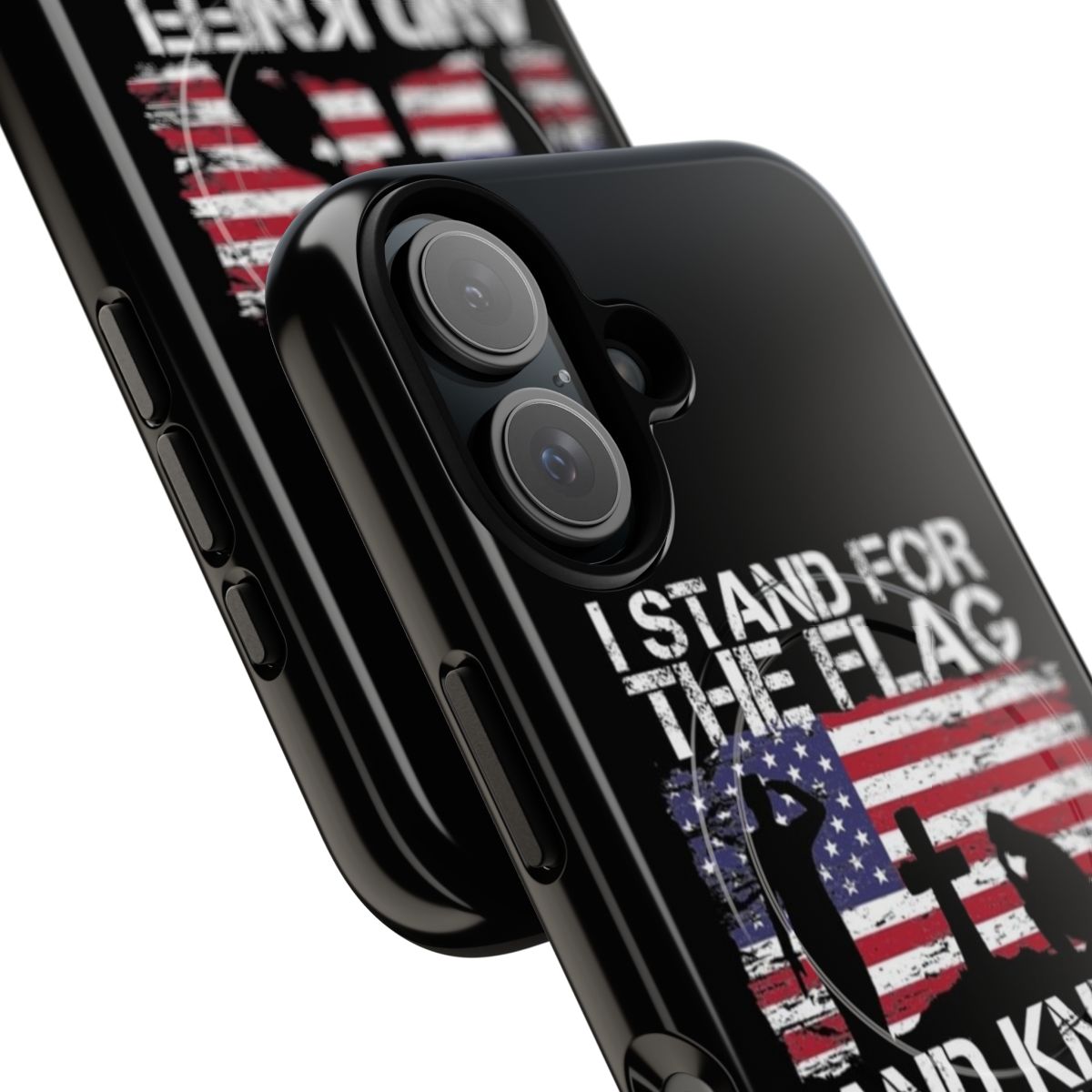 Patriotic American flag phone case with a distressed "I stand for the flag and kneel for the cross" design - Detail