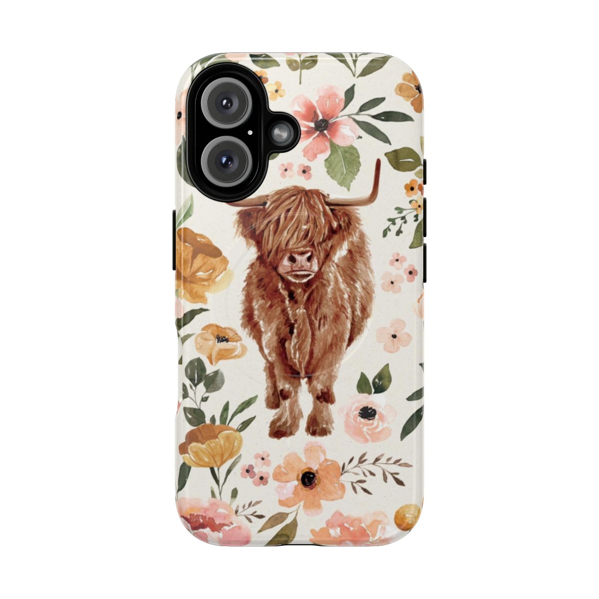 Boho floral phone case with a hand-painted watercolor highland cow design