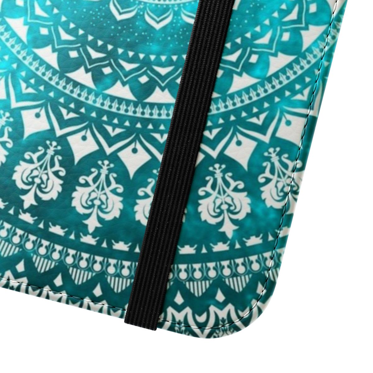 Vibrant mandala-patterned turquoise phone case with intricate tribal design - Close Up