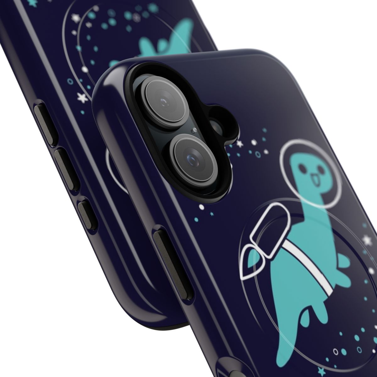 Teal phone case featuring a cute flying dinosaur in a space setting with stars and planets. - Detail