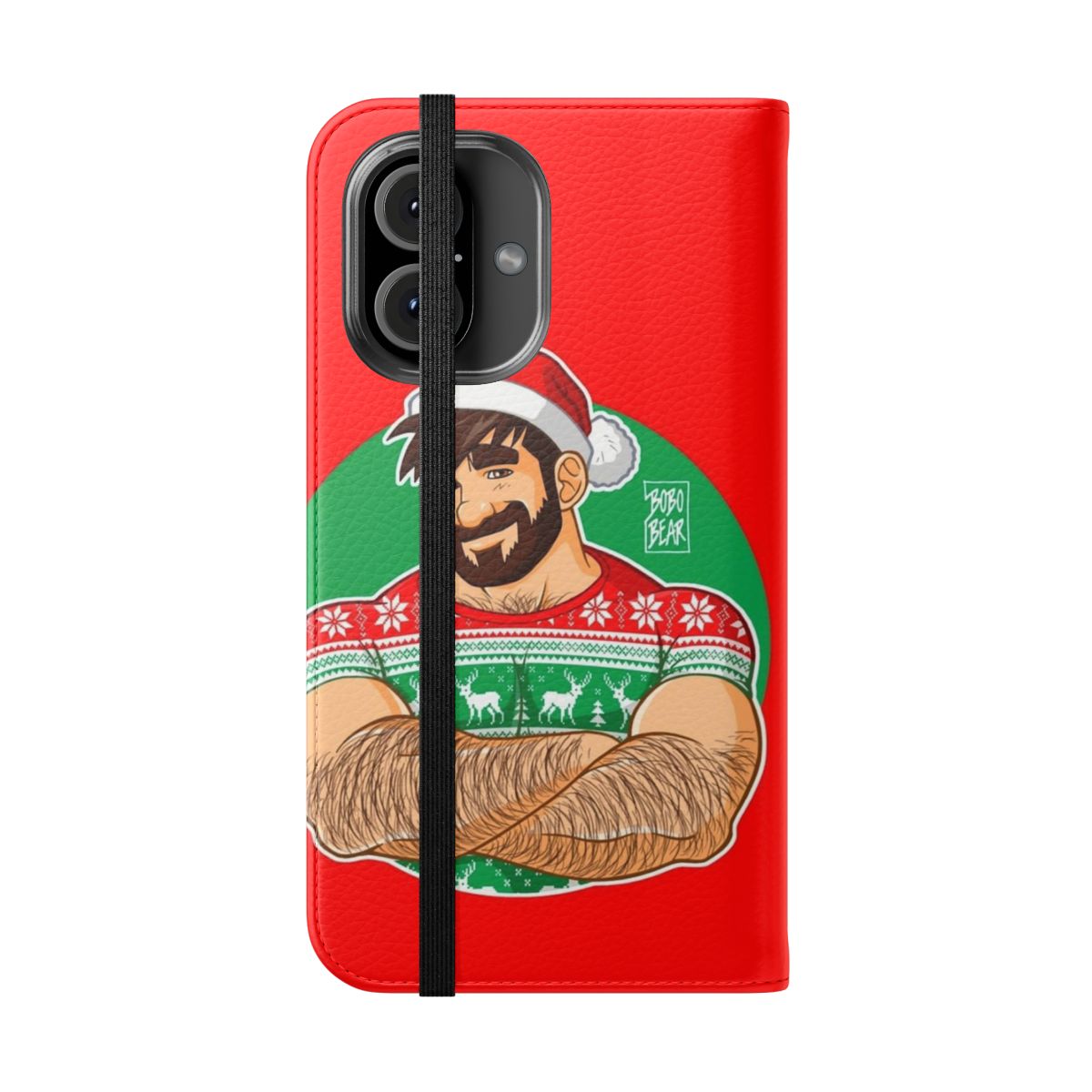 Flip phone case with a design of a gay bear crossing their arms at a Christmas party - Folded Front