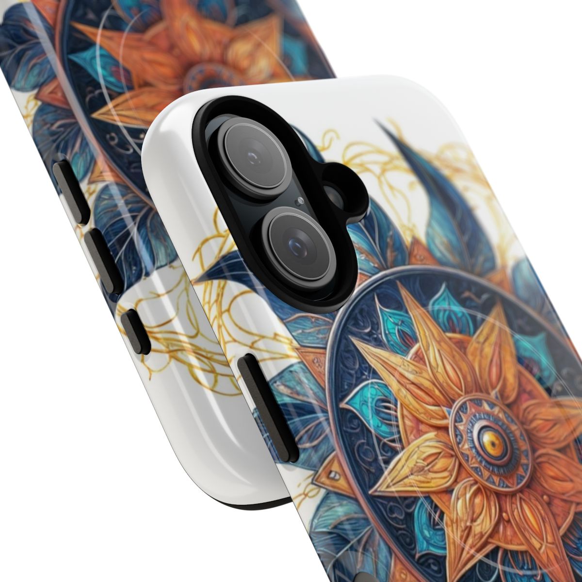 Colorful mandala design phone case with a protective, tough shell. - Detail